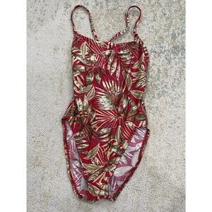 Catalina One Piece Swimsuit Size Medium Red Floral Tropical Leaves